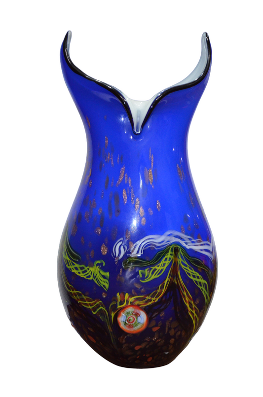 Grande Vaso in vetro di Murano Vintage azzurro e oro murrina anni 70/80 h 39