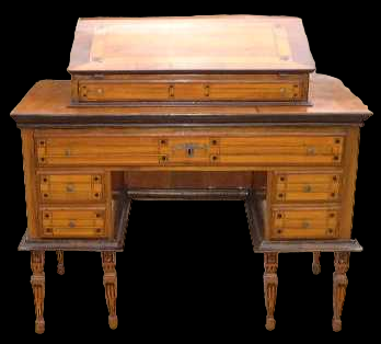 Antica scrivania da notaio in legno di ciliegio, noce e legno di limone